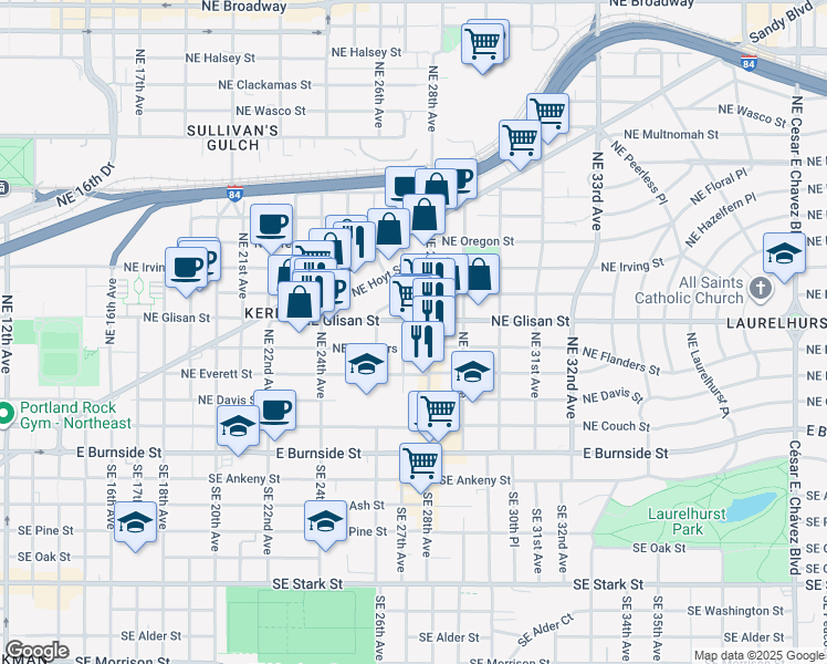 map of restaurants, bars, coffee shops, grocery stores, and more near 511 Northeast Lawrence Avenue in Portland