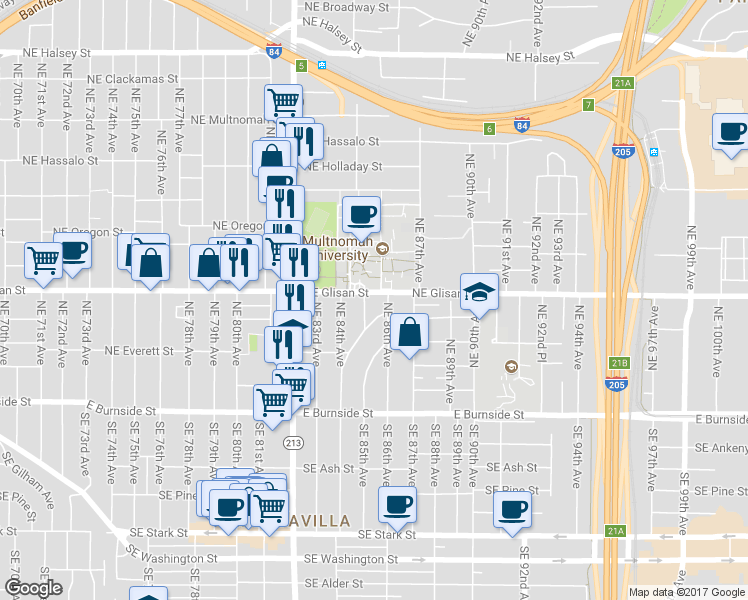 map of restaurants, bars, coffee shops, grocery stores, and more near 8514 Northeast Glisan Street in Portland