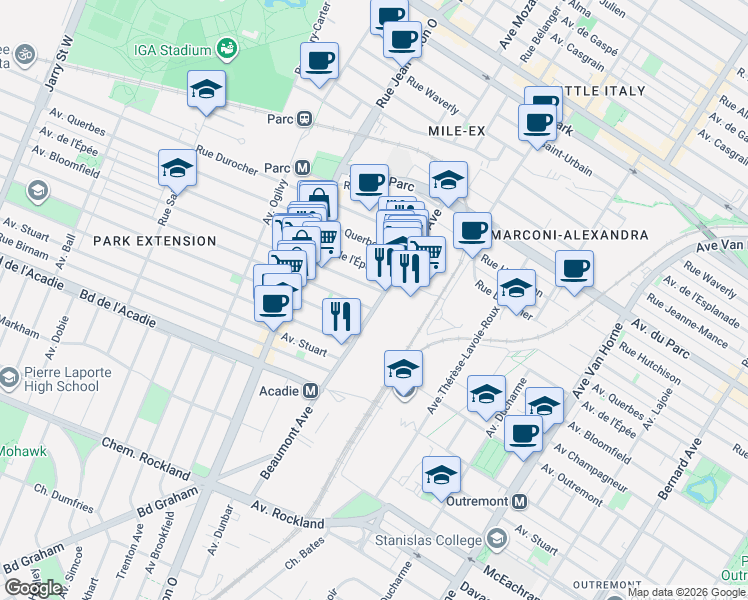 map of restaurants, bars, coffee shops, grocery stores, and more near 695 Beaumont Avenue in Montrã©Al