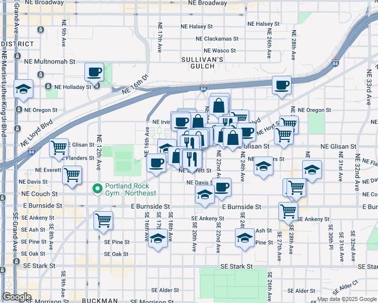 map of restaurants, bars, coffee shops, grocery stores, and more near 1914 NE Glisan St in Portland