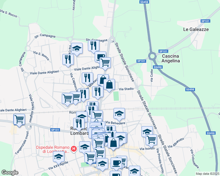map of restaurants, bars, coffee shops, grocery stores, and more near 13 Via Silvio Pellico in Romano di Lombardia