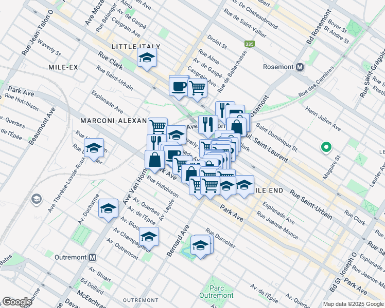 map of restaurants, bars, coffee shops, grocery stores, and more near 6005 Avenue de l'Esplanade in Montréal