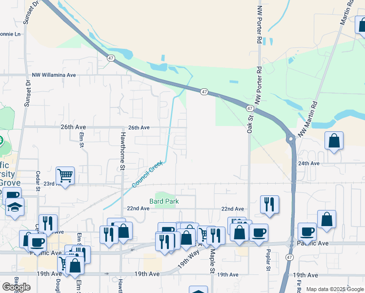 map of restaurants, bars, coffee shops, grocery stores, and more near 2524 Carson Loop in Forest Grove