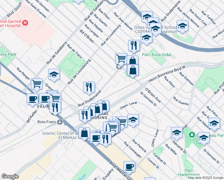 map of restaurants, bars, coffee shops, grocery stores, and more near 11565 Rue Saint Évariste in Montréal