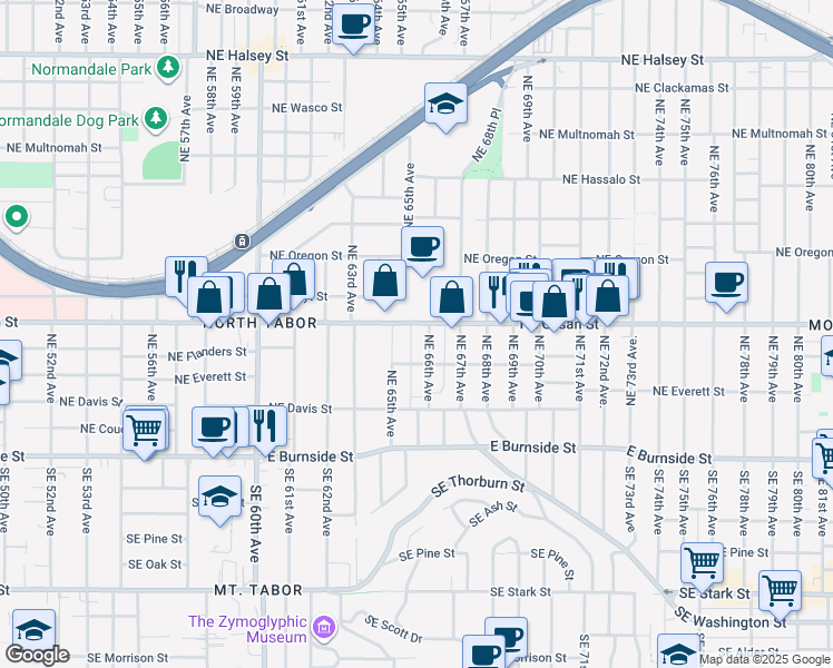 map of restaurants, bars, coffee shops, grocery stores, and more near 6538 Northeast Glisan Street in Portland