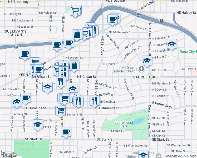 map of restaurants, bars, coffee shops, grocery stores, and more near 450 Northeast 32nd Avenue in Portland