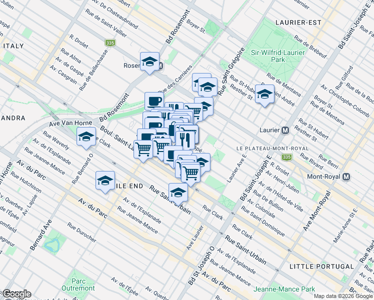 map of restaurants, bars, coffee shops, grocery stores, and more near 5333 Casgrain Avenue in Montreal