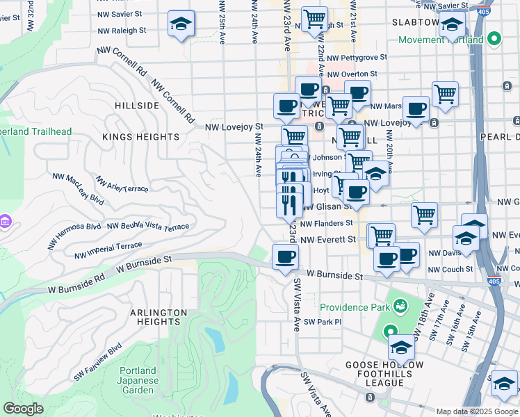 map of restaurants, bars, coffee shops, grocery stores, and more near Northwest Glisan Street & Northwest 24th Avenue in Portland