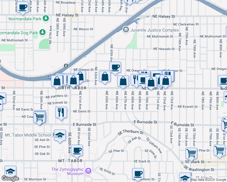 map of restaurants, bars, coffee shops, grocery stores, and more near 6538 Northeast Glisan Street in Portland