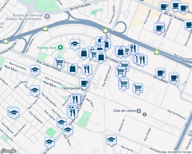 map of restaurants, bars, coffee shops, grocery stores, and more near 390 Boulevard de la Côte Vertu in Montréal