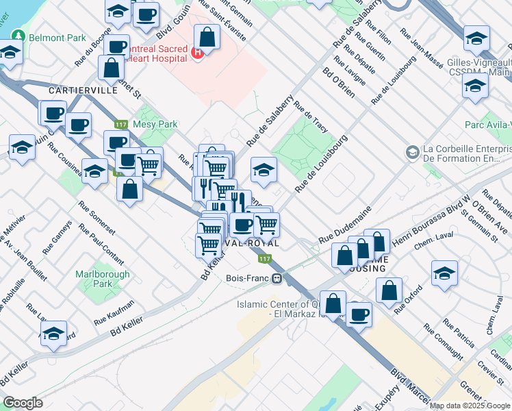 map of restaurants, bars, coffee shops, grocery stores, and more near 11910 Rue Grenet in Montréal