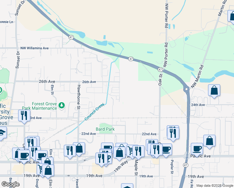 map of restaurants, bars, coffee shops, grocery stores, and more near 2991 25th Avenue in Forest Grove