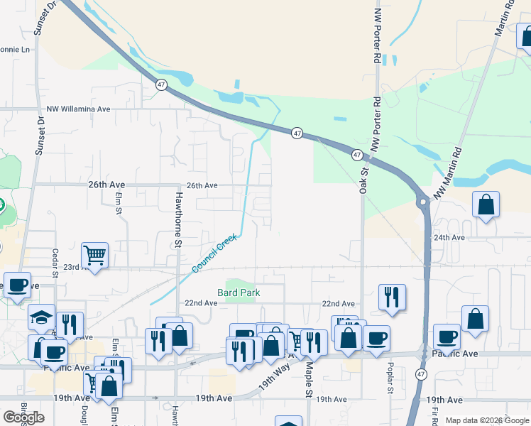 map of restaurants, bars, coffee shops, grocery stores, and more near 2524 Carson Loop in Forest Grove