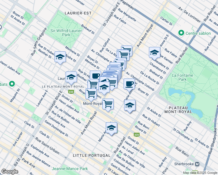 map of restaurants, bars, coffee shops, grocery stores, and more near 915 Avenue du Mont-Royal Est in Montréal