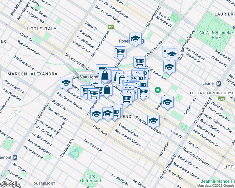 map of restaurants, bars, coffee shops, grocery stores, and more near 5655 Rue Clark in Montréal