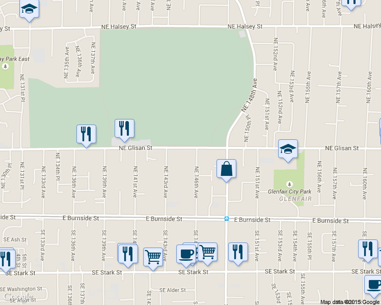 map of restaurants, bars, coffee shops, grocery stores, and more near 14450 Northeast Glisan Street in Portland