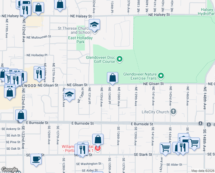 map of restaurants, bars, coffee shops, grocery stores, and more near 13500 Northeast Glisan Street in Portland