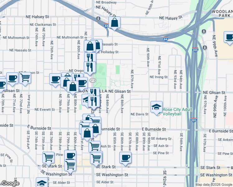 map of restaurants, bars, coffee shops, grocery stores, and more near 8514 Northeast Glisan Street in Portland