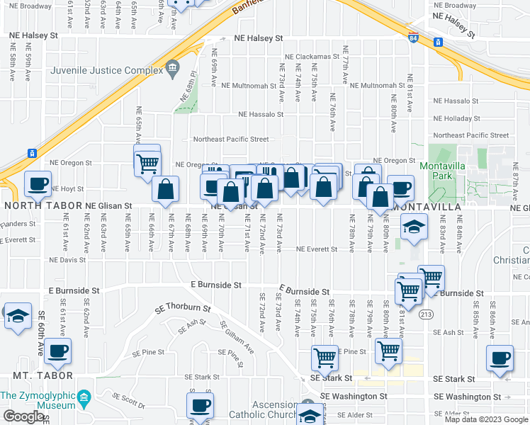 map of restaurants, bars, coffee shops, grocery stores, and more near 7150 Northeast Glisan Street in Portland