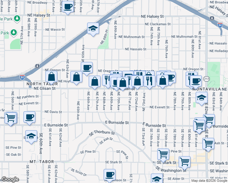 map of restaurants, bars, coffee shops, grocery stores, and more near 6925 Northeast Glisan Street in Portland