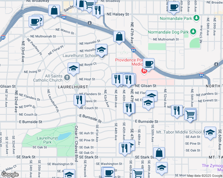 map of restaurants, bars, coffee shops, grocery stores, and more near 4359 Northeast Glisan Street in Portland