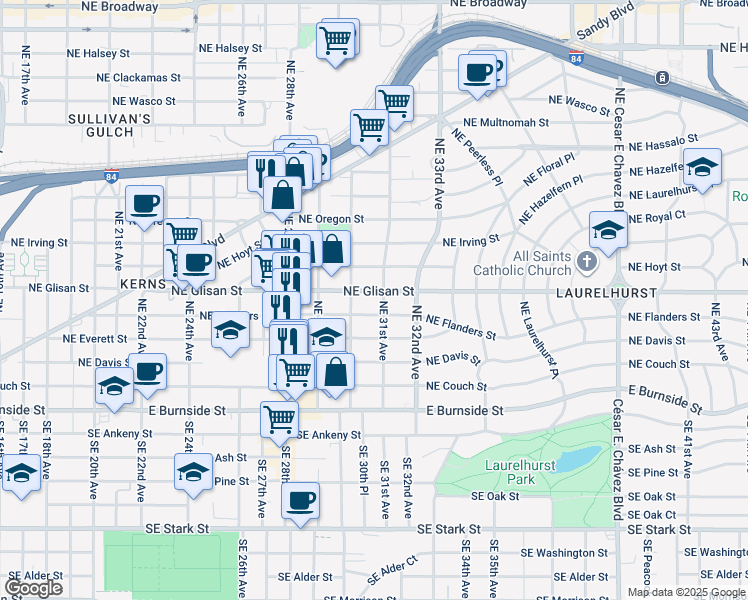 map of restaurants, bars, coffee shops, grocery stores, and more near 3016 Northeast Glisan Street in Portland