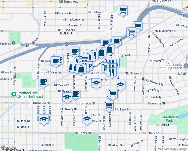 map of restaurants, bars, coffee shops, grocery stores, and more near 2525 Northeast Glisan Street in Portland
