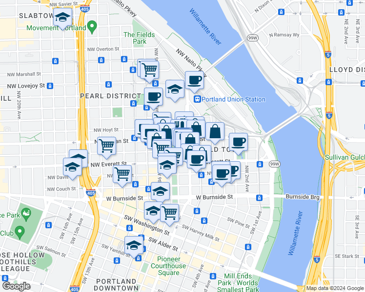 map of restaurants, bars, coffee shops, grocery stores, and more near 439 Northwest Broadway in Portland