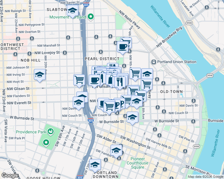 map of restaurants, bars, coffee shops, grocery stores, and more near 512 Northwest 12th Avenue in Portland