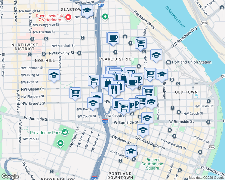 map of restaurants, bars, coffee shops, grocery stores, and more near in Portland