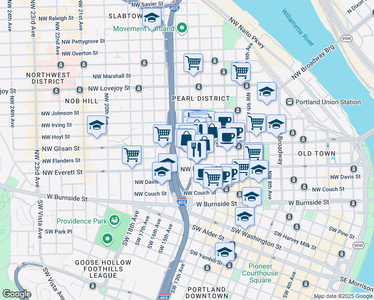 map of restaurants, bars, coffee shops, grocery stores, and more near 1436 Northwest Glisan Street in Portland