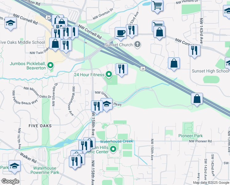 map of restaurants, bars, coffee shops, grocery stores, and more near 15455 Northwest Greenbrier Parkway in Beaverton