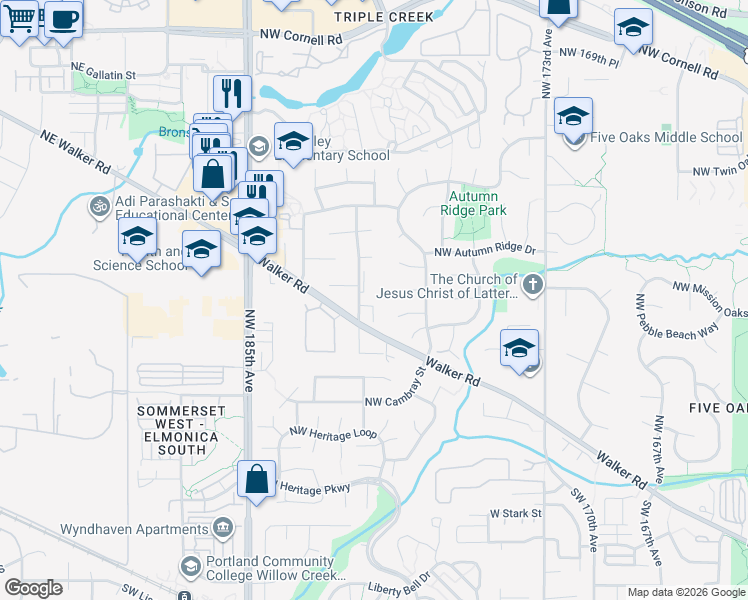 map of restaurants, bars, coffee shops, grocery stores, and more near 17965 Northwest Waterfield Court in Beaverton