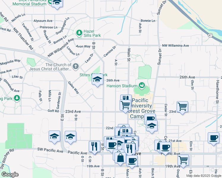 map of restaurants, bars, coffee shops, grocery stores, and more near 2504 A Street in Forest Grove