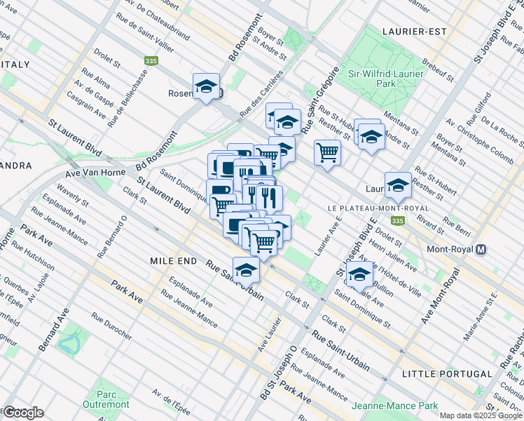 map of restaurants, bars, coffee shops, grocery stores, and more near 225 Rue Maguire in Montréal