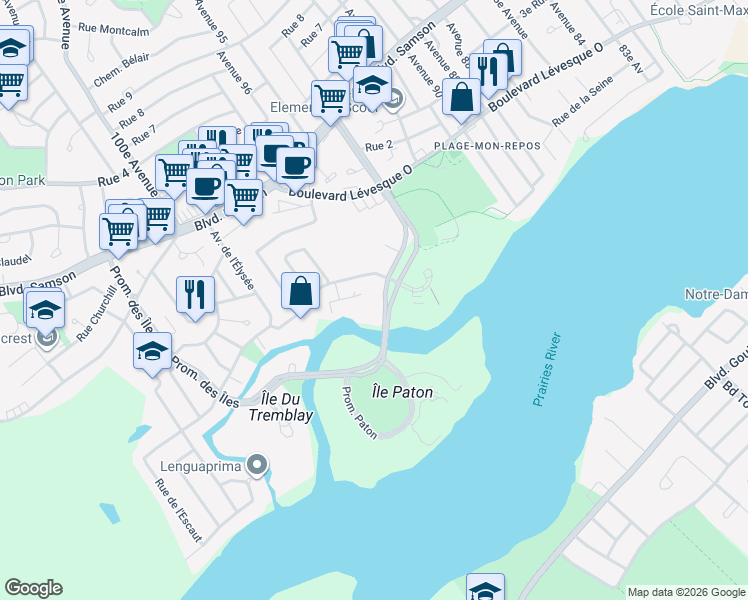 map of restaurants, bars, coffee shops, grocery stores, and more near 55 Promenade des Îles in Laval