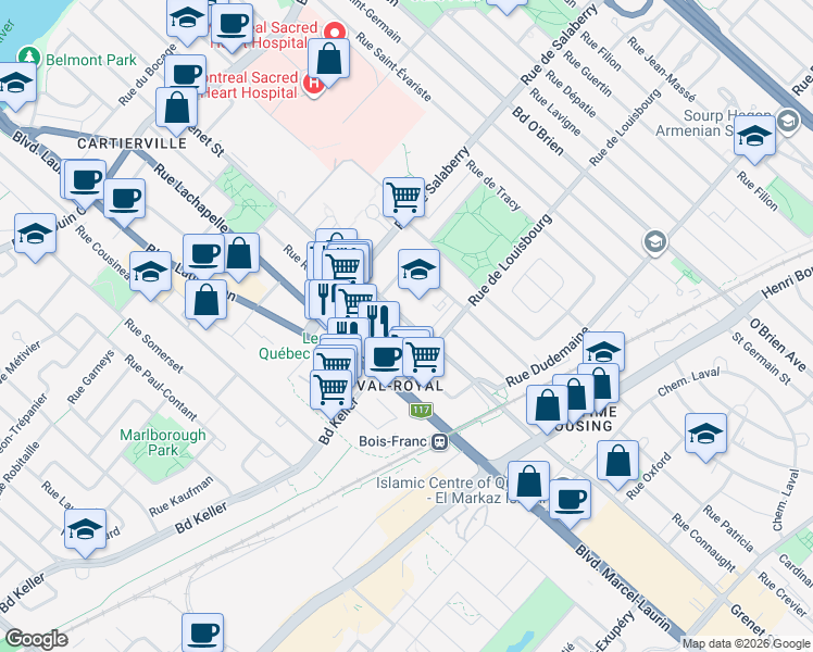 map of restaurants, bars, coffee shops, grocery stores, and more near 11910 Rue Grenet in Montréal