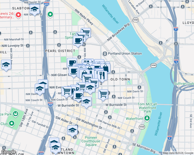 map of restaurants, bars, coffee shops, grocery stores, and more near 725 Northwest Flanders Street in Portland
