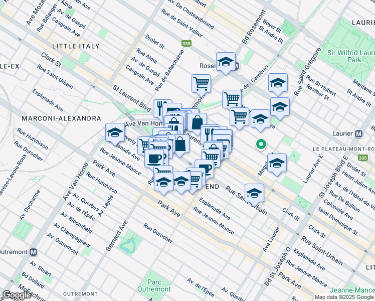 map of restaurants, bars, coffee shops, grocery stores, and more near 5704 Rue Clark in Montréal