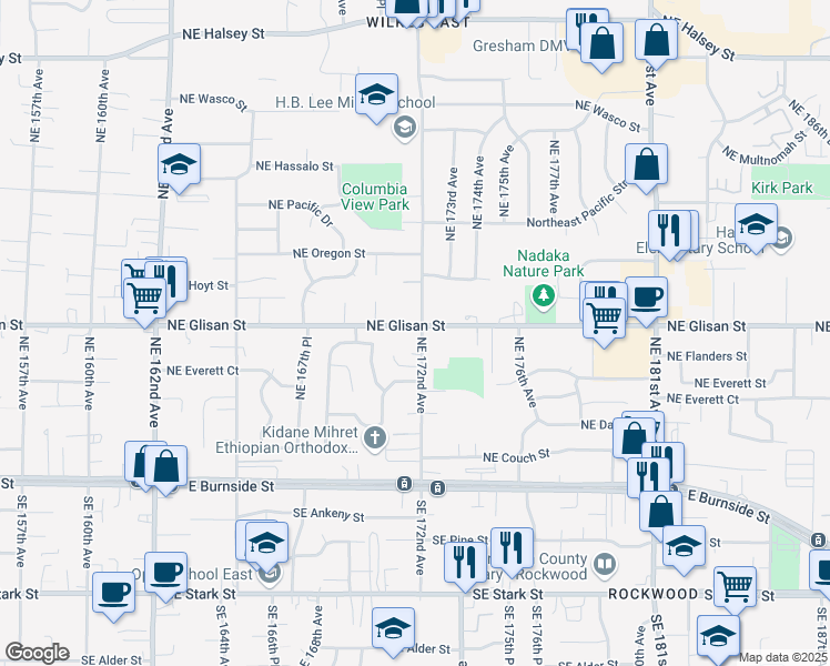 map of restaurants, bars, coffee shops, grocery stores, and more near 17136 Northeast Glisan Street in Portland