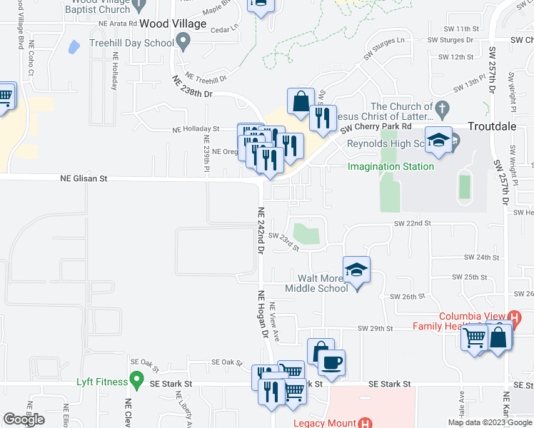 map of restaurants, bars, coffee shops, grocery stores, and more near 2143 Southwest Townsend Court in Troutdale