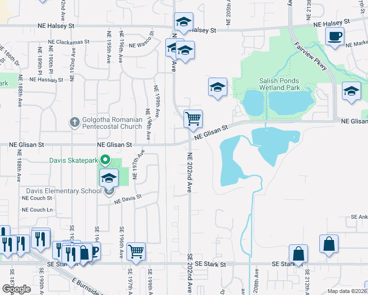 map of restaurants, bars, coffee shops, grocery stores, and more near 20108 Northeast Thompson Street in Fairview