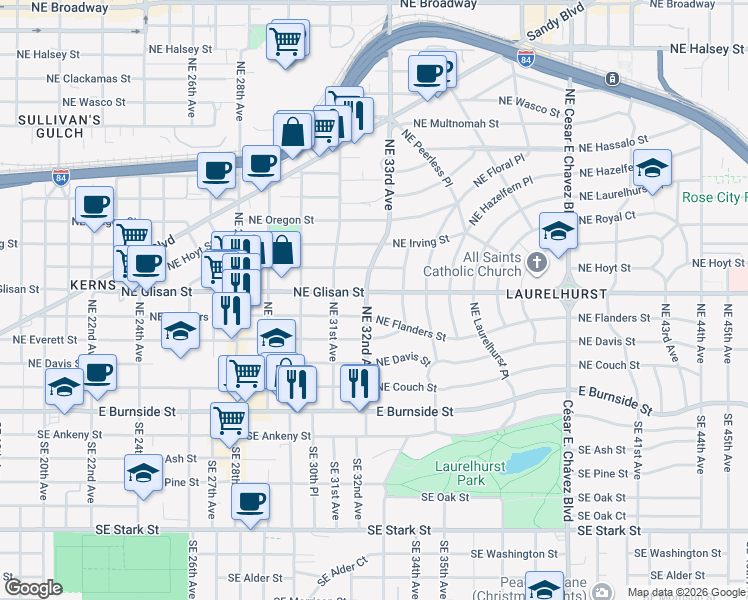 map of restaurants, bars, coffee shops, grocery stores, and more near 3229 Northeast Glisan Street in Portland