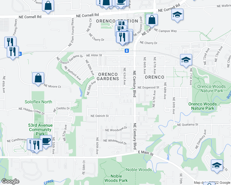 map of restaurants, bars, coffee shops, grocery stores, and more near 478 Northeast 61st Place in Hillsboro