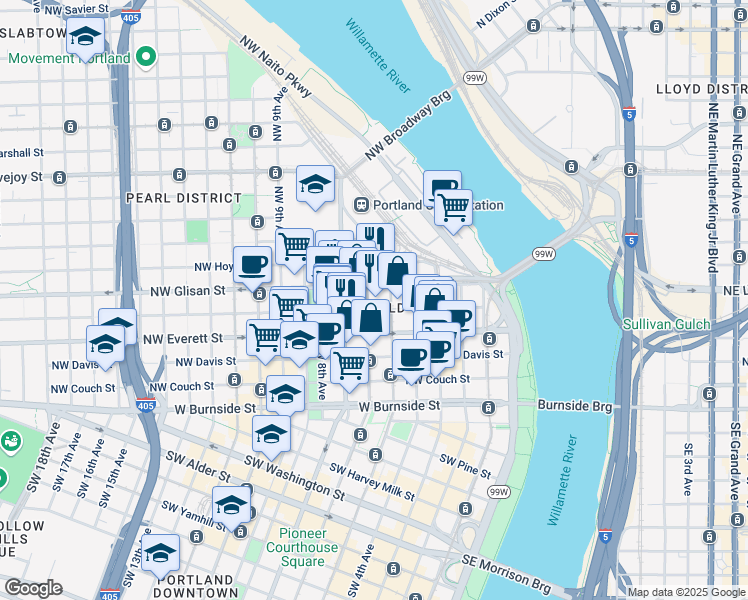 map of restaurants, bars, coffee shops, grocery stores, and more near in Portland