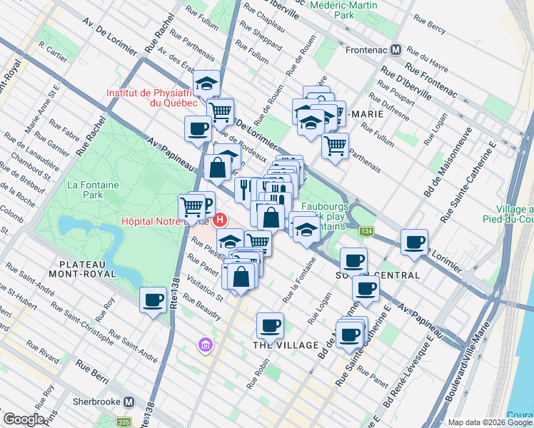 map of restaurants, bars, coffee shops, grocery stores, and more near 2023 Avenue Papineau in Montréal