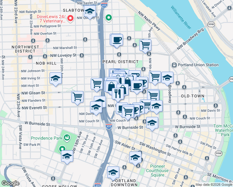 map of restaurants, bars, coffee shops, grocery stores, and more near 424 Northwest 14th Avenue in Portland