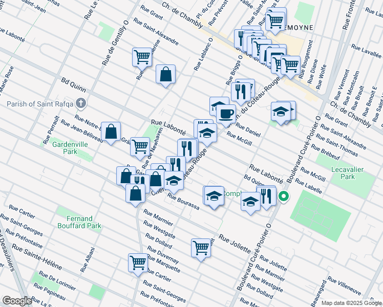 map of restaurants, bars, coffee shops, grocery stores, and more near 1320 Boulevard Quinn in Longueuil