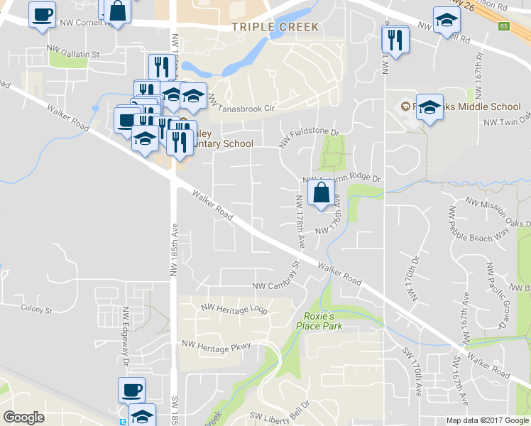 map of restaurants, bars, coffee shops, grocery stores, and more near 17965 Northwest Waterfield Court in Beaverton