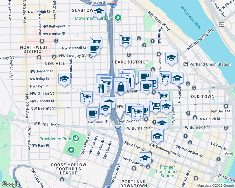 map of restaurants, bars, coffee shops, grocery stores, and more near 1470 Northwest Glisan Street in Portland